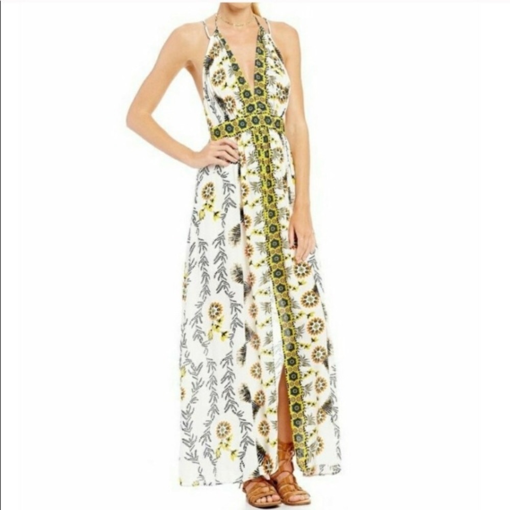 COCO + JAIMESON Havana Romance Halter Boho Maxi Floral V-Neck Dress size L